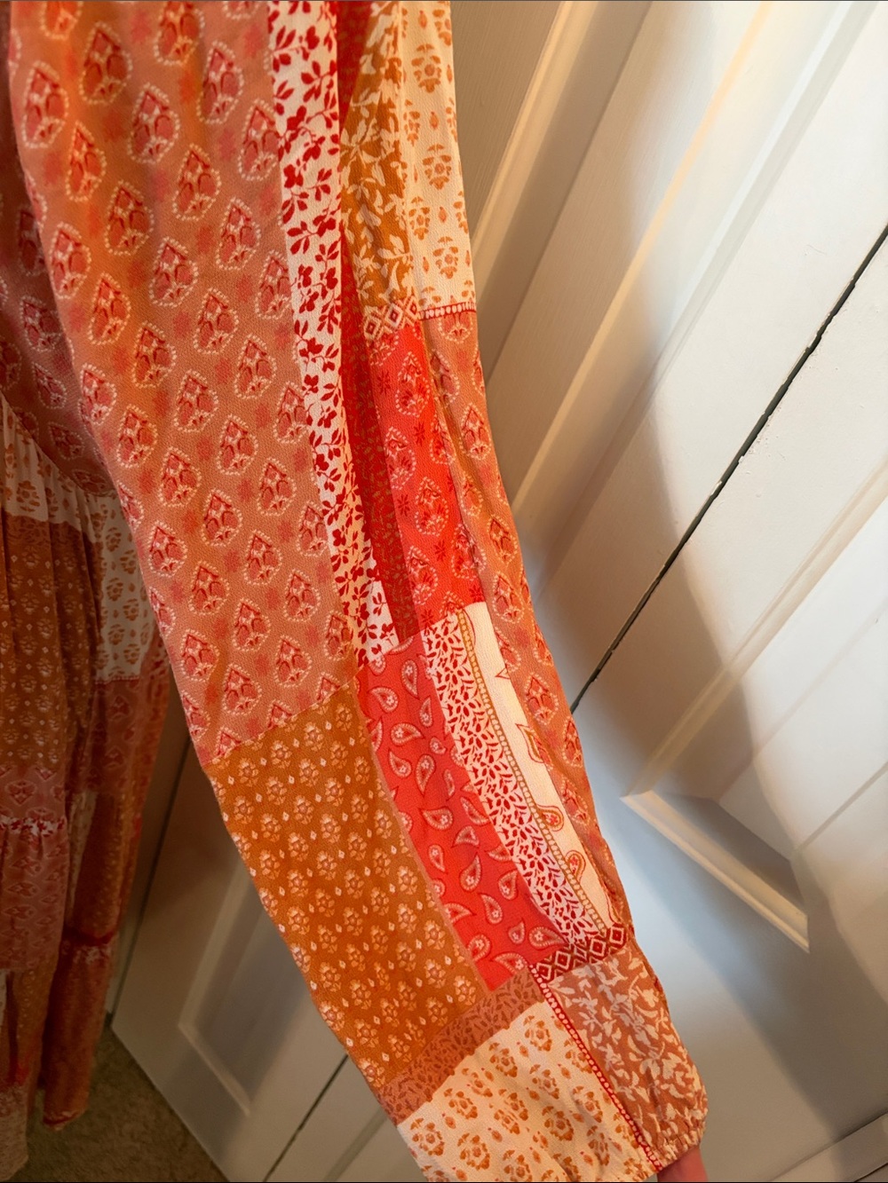 Aura Bohemian Patchwork Paisley Midi Dress in Coral, Cream, Rust - Picture 5 of 9